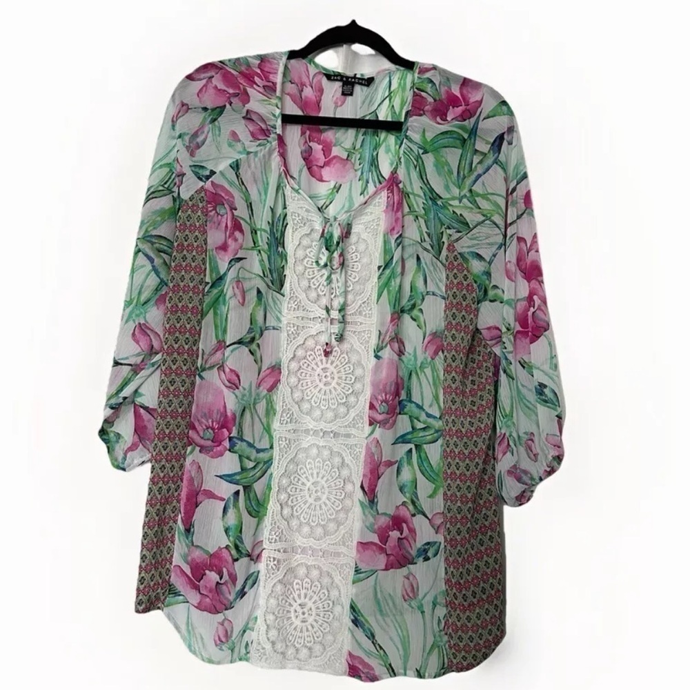 Zac & Rachel Blouse Top XL Pink Green Floral Flowy Cottagecore Lace Sheer Boho